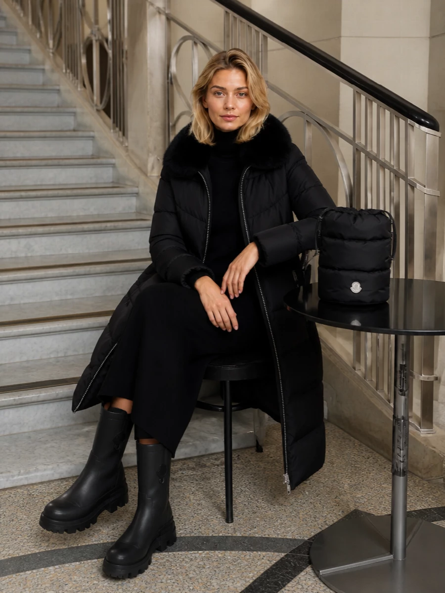 I’m building around the coat with a dress rather than separates, so the knit midi and long puffer read as one uninterrupted, city-proof column. The Parosh dress keeps things refined but not fussy, while the Moncler boots and padded bucket bag pull in the alpine-tech attitude and silver accents of the outerwear. The result is a monochrome winter ensemble that is quietly expensive, very street aware, and genuinely practical in bad weather.
