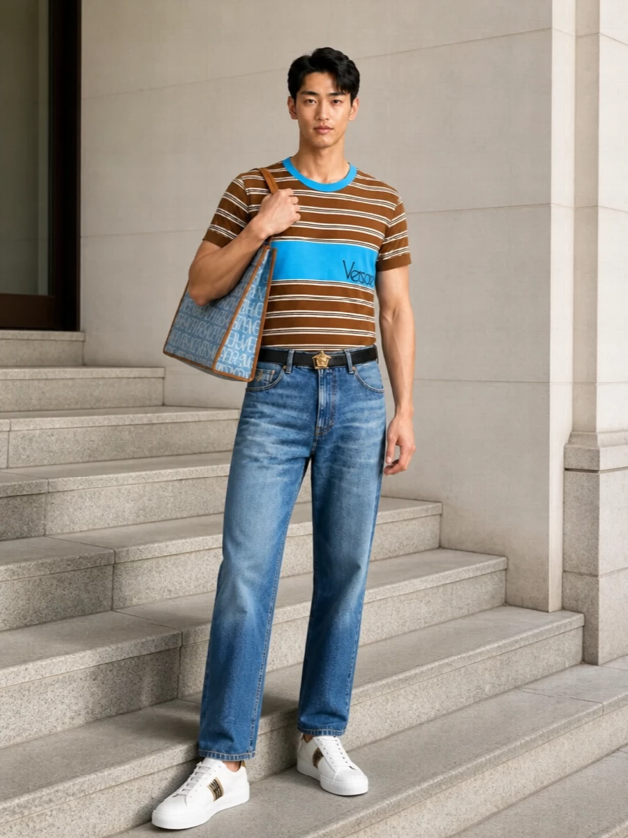 Versace striped tshirt straight leg jeans outfit