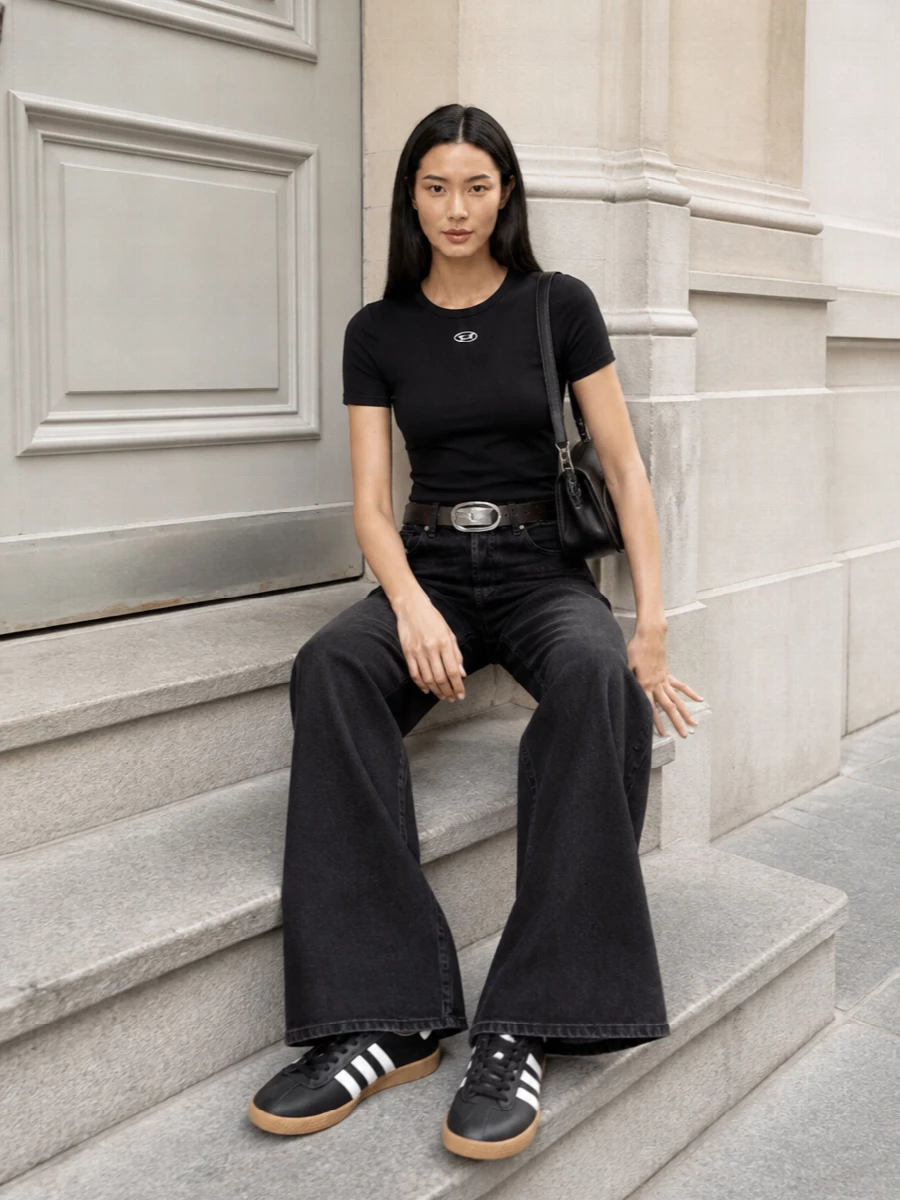 Diesel wide leg jeans black tee adidas sneakers
