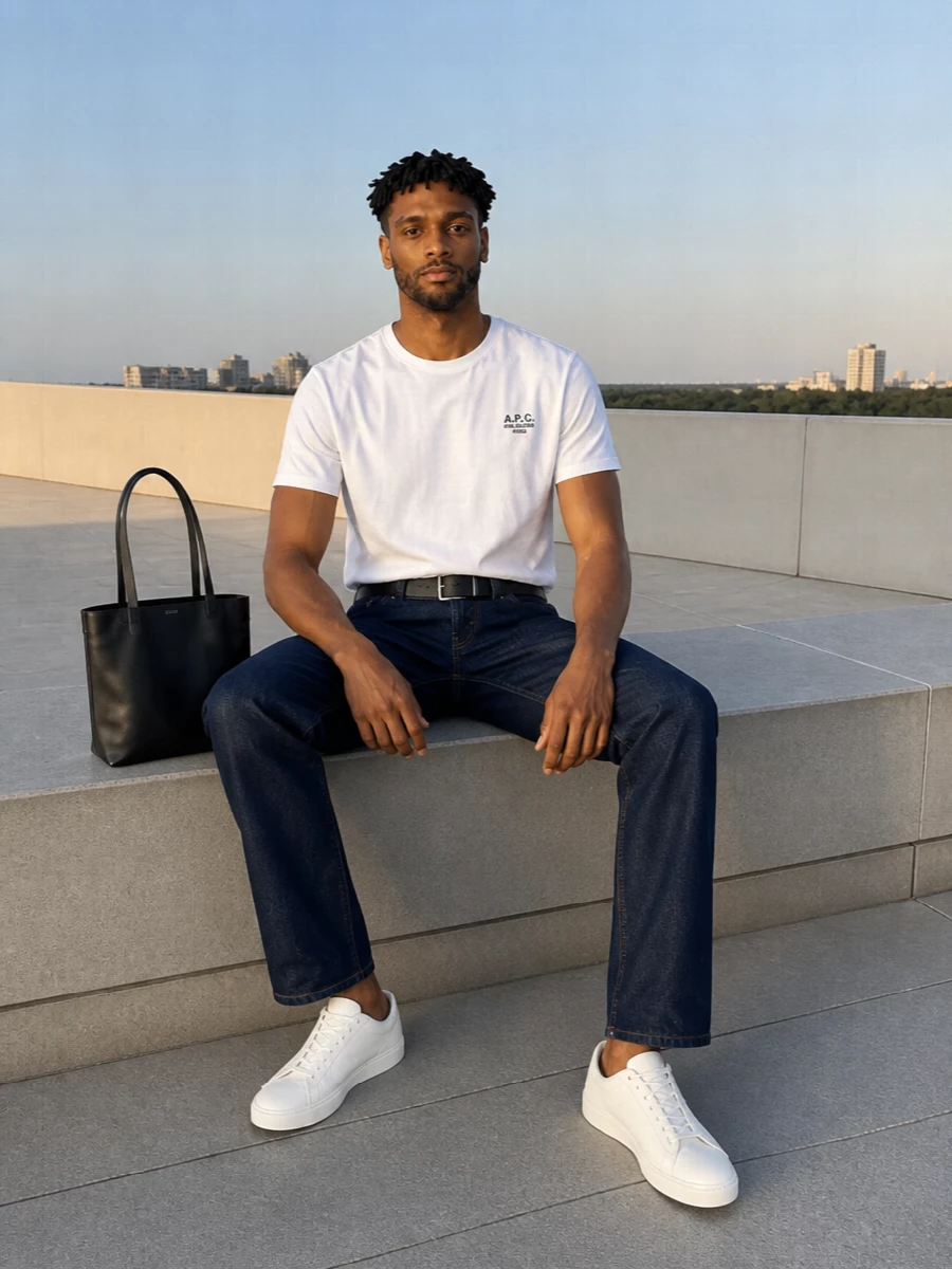 Apc white tee dark high rise jeans outfit
