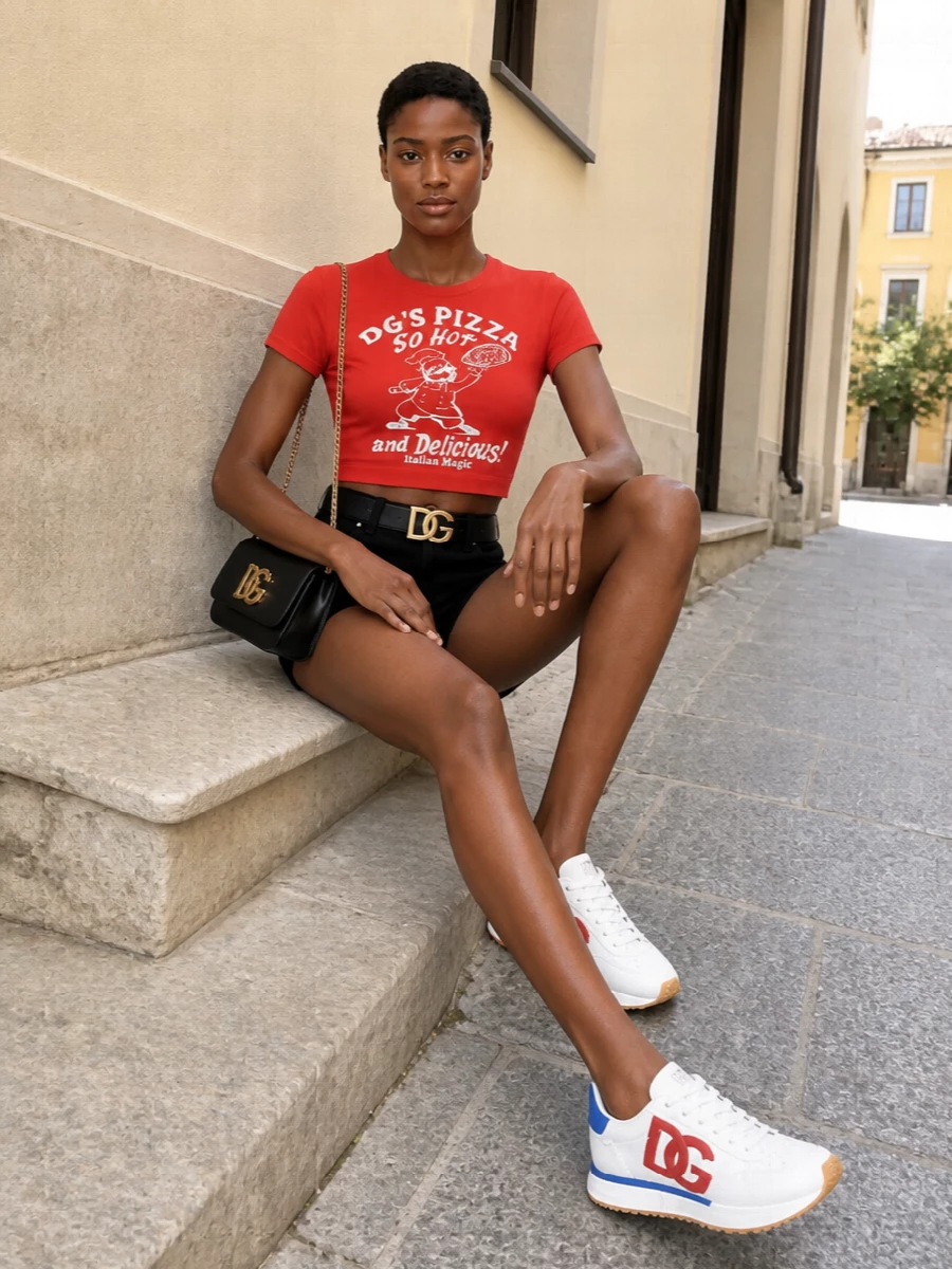 A cropped red graphic tee meets high-rise black mini shorts for a leggy, y2k‑leaning take on Dolce&Gabbana streetwear. White runners with a bold DG hit keep the palette tight and playful, while a small black gold‑logo shoulder bag and matching belt pull everything into a sharp, night‑out ready finish.