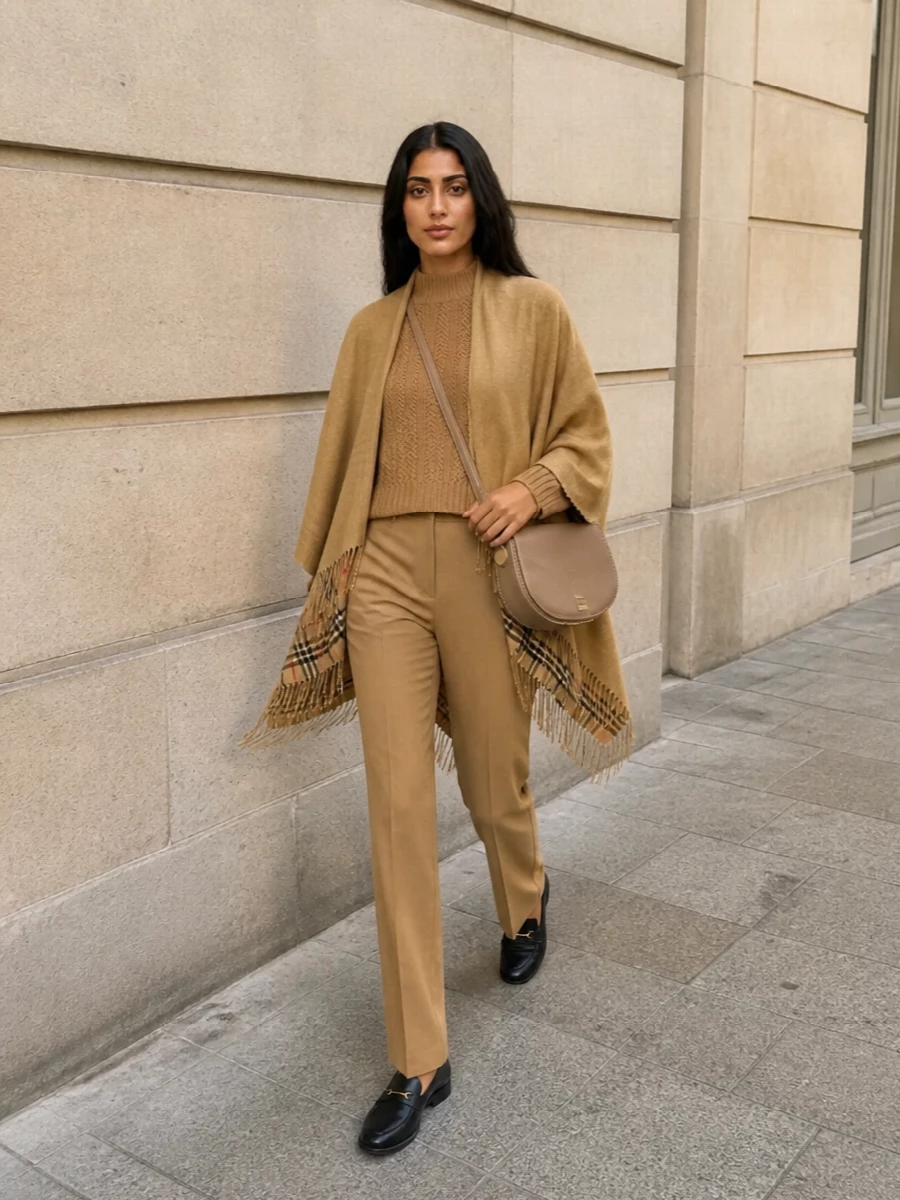 Burberry cape camel trousers black loafers outfit