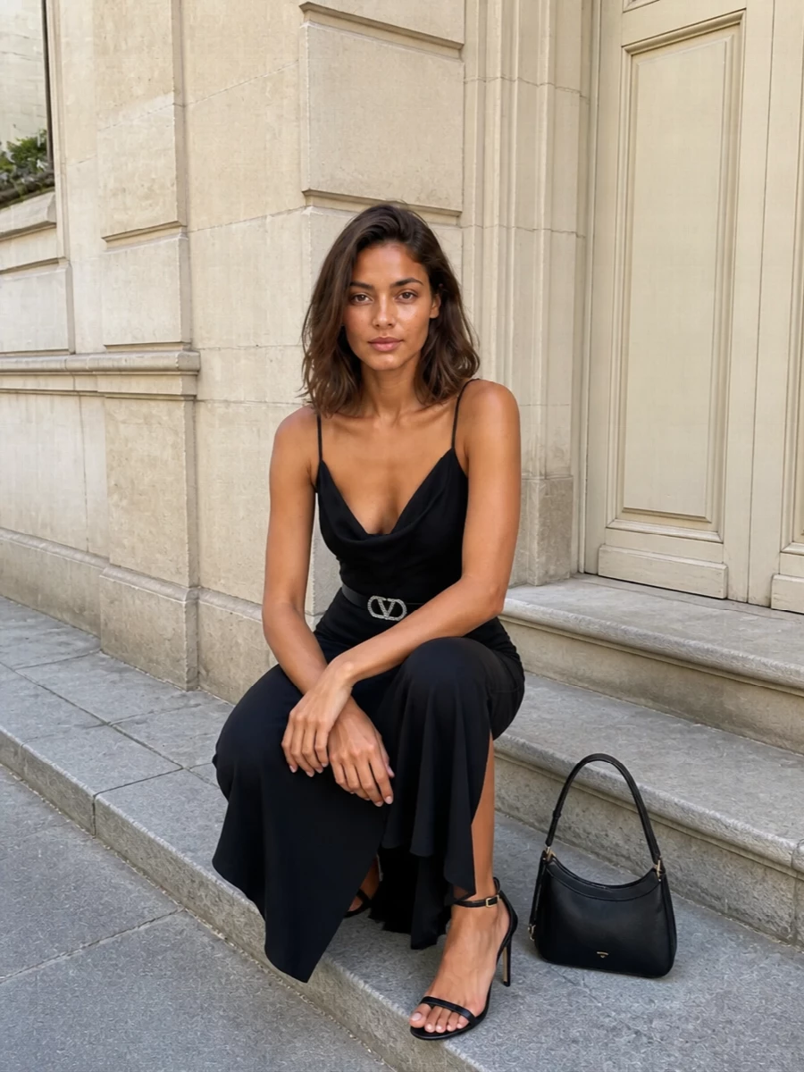 A liquid black slip anchors this outfit, its draped neckline and cut-out back framed by the barest hint of gold and crystal. Slender stiletto sandals and a sleek under-arm bag keep the silhouette long and uninterrupted, while a fine crystal buckle at the waist adds just enough glow for terrace cocktails or a low-lit dinner. The result is quietly sensual, polished and minimal, with every line working to lengthen and refine the body.