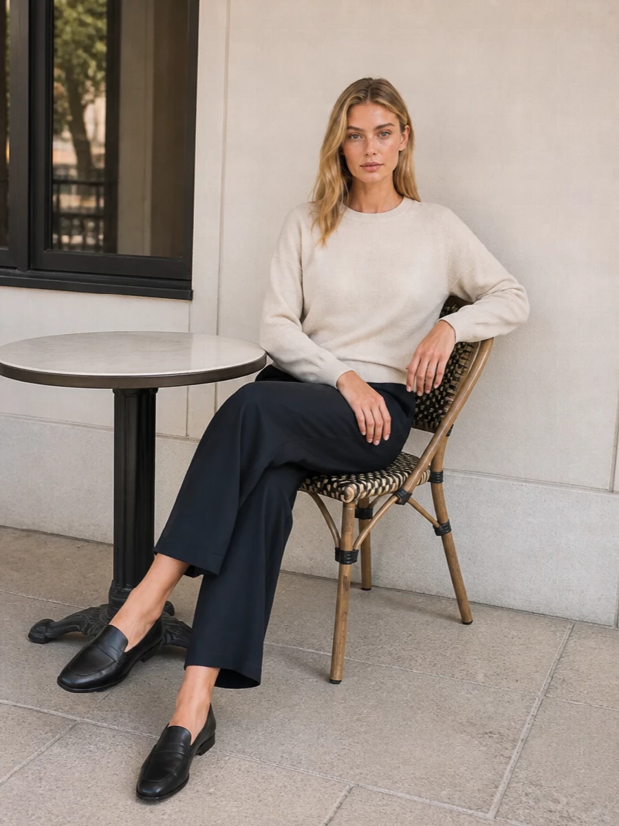Ink-navy lounge trousers meet a feather-light cream knit for a soft, tonal contrast that feels calm and considered. Sleek black loafers and a rigorously minimal tote from The Row ground the palette, keeping the whole ensemble in a quietly luxurious, off-duty-to-city register. The proportions stay relaxed but clean, so it reads intentional rather than casual.