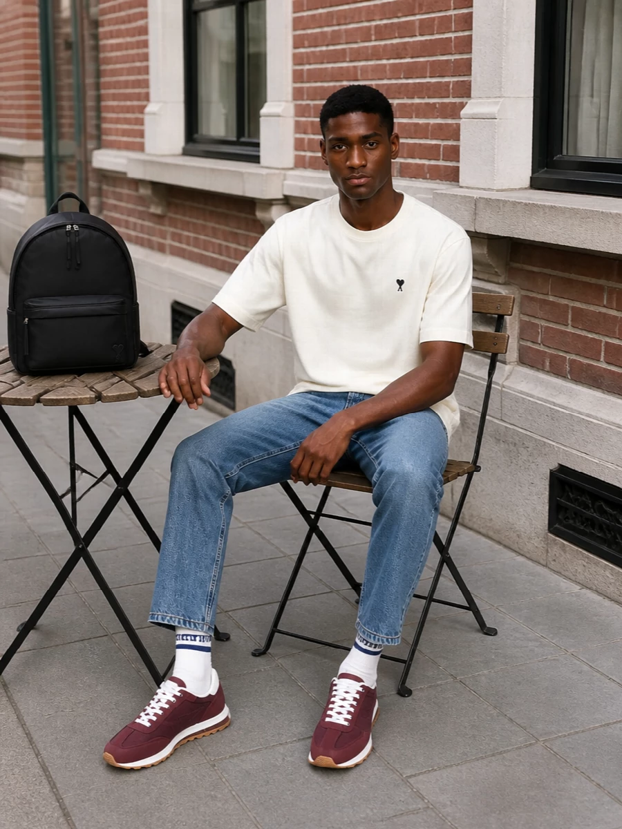 An off-white Ami tee sits over clean mid blue straight denim for that easy, Parisian take on casual days. Burgundy runners and striped socks bring a quiet sport-prep accent without overpowering the simplicity. A sleek black Ami backpack finishes the outfit with just enough structure for the city.