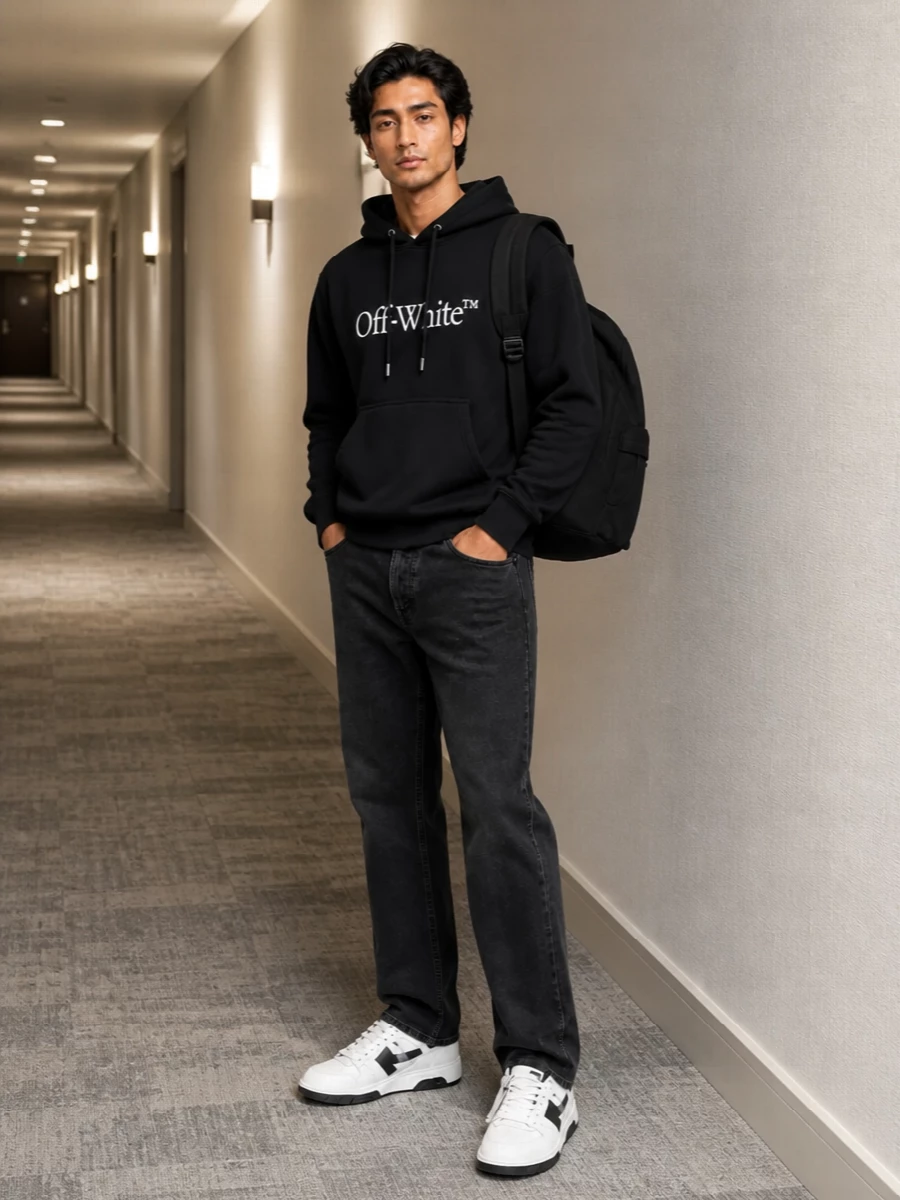 Off white hoodie black jeans sneakers