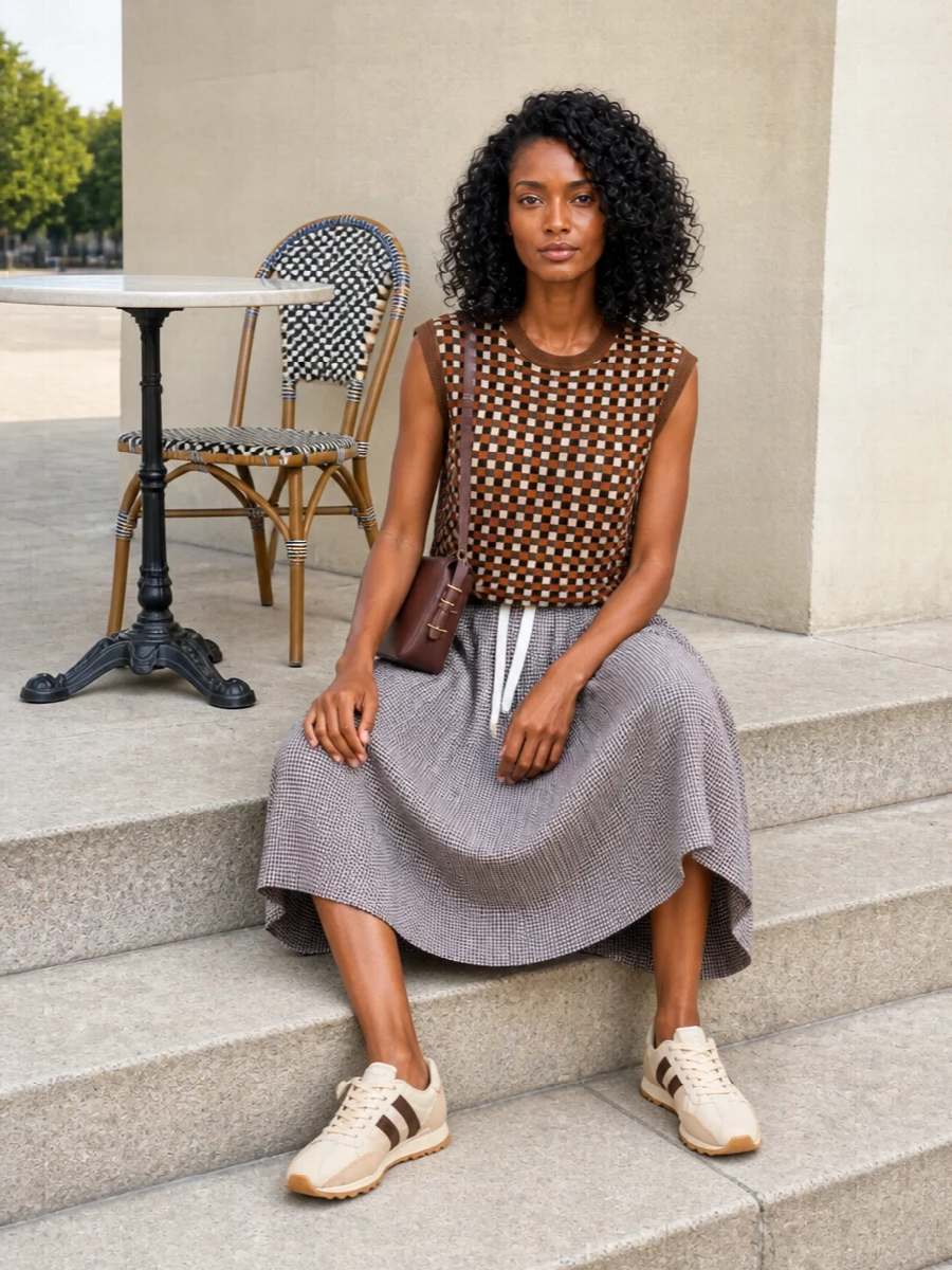 Golden Goose’s retro check knit sits over Moncler’s pleated check midi for a warm, collegiate take on city casual. Hogan’s retro runners keep the sport note intentional, while the sleek chocolate cross-body grounds the pattern play and keeps the palette cohesive. The result is preppy, relaxed and ready for all-day movement without losing structure.