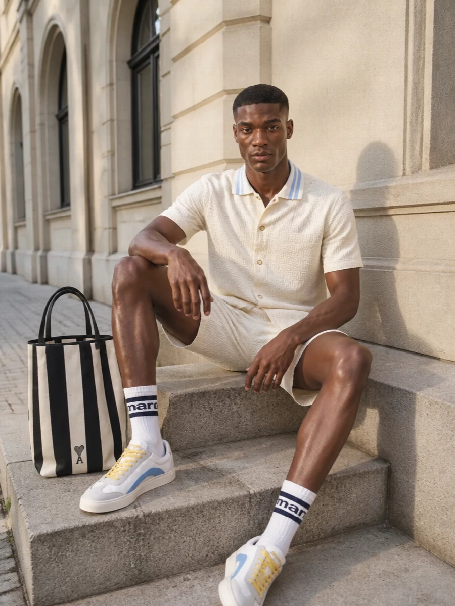A coordinated jacquard short set keeps everything clean and tactile, with the sky blue collar pulling the eye upward. Retro court sneakers and striped socks lean into a soft varsity mood, while the bold striped tote introduces just enough graphic contrast for city errands or weekend hangs. The result is relaxed streetwear that still feels thoughtfully put together in pale neutrals and cool blues.