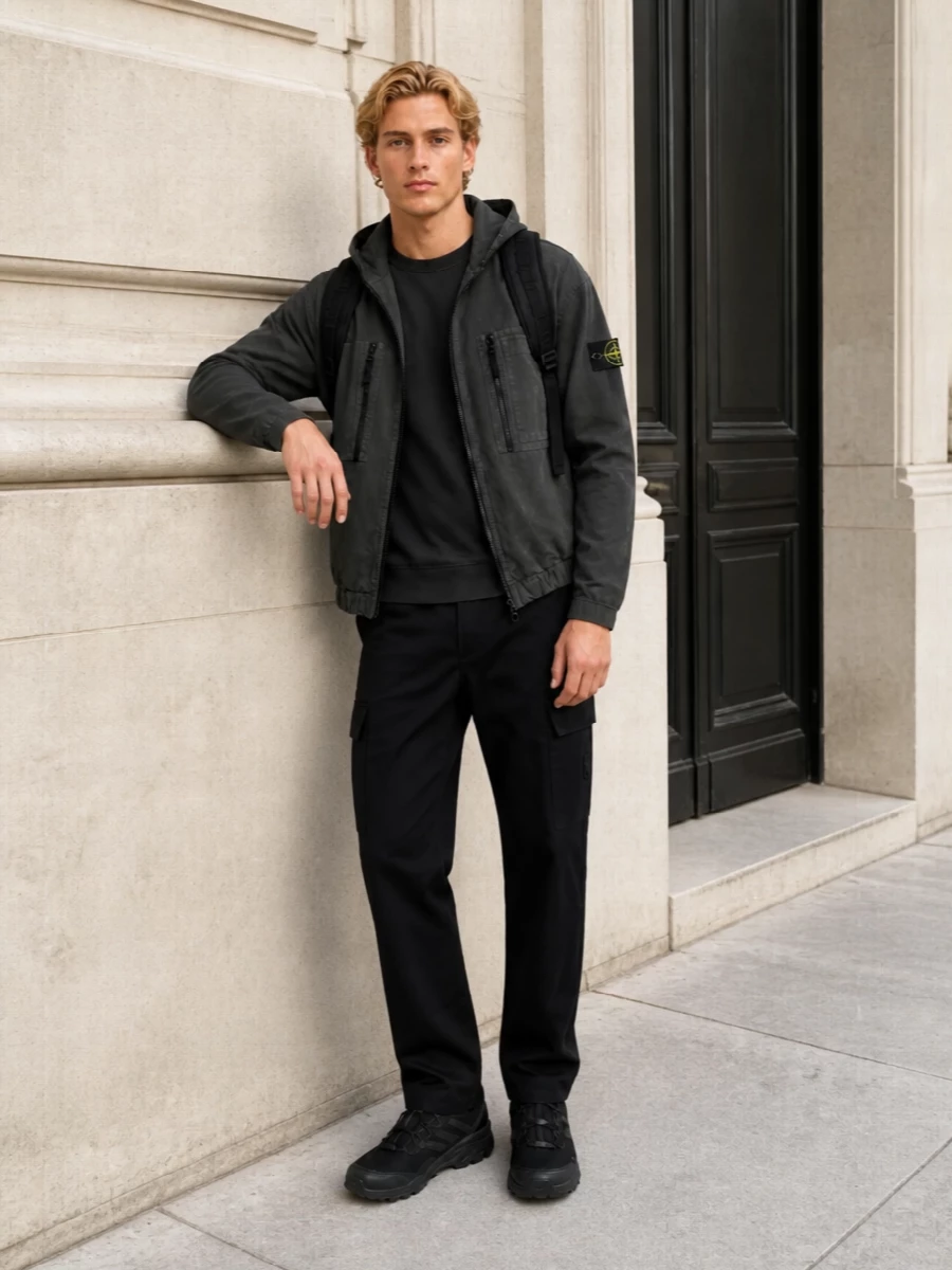 Stone island charcoal jacket cargo pants outfit