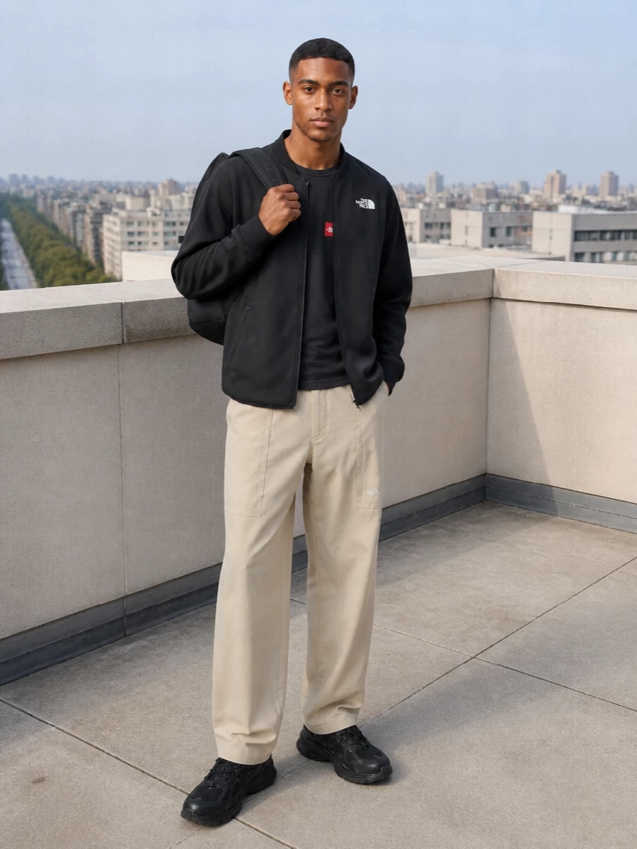 The north face shell with beige pants sneakers