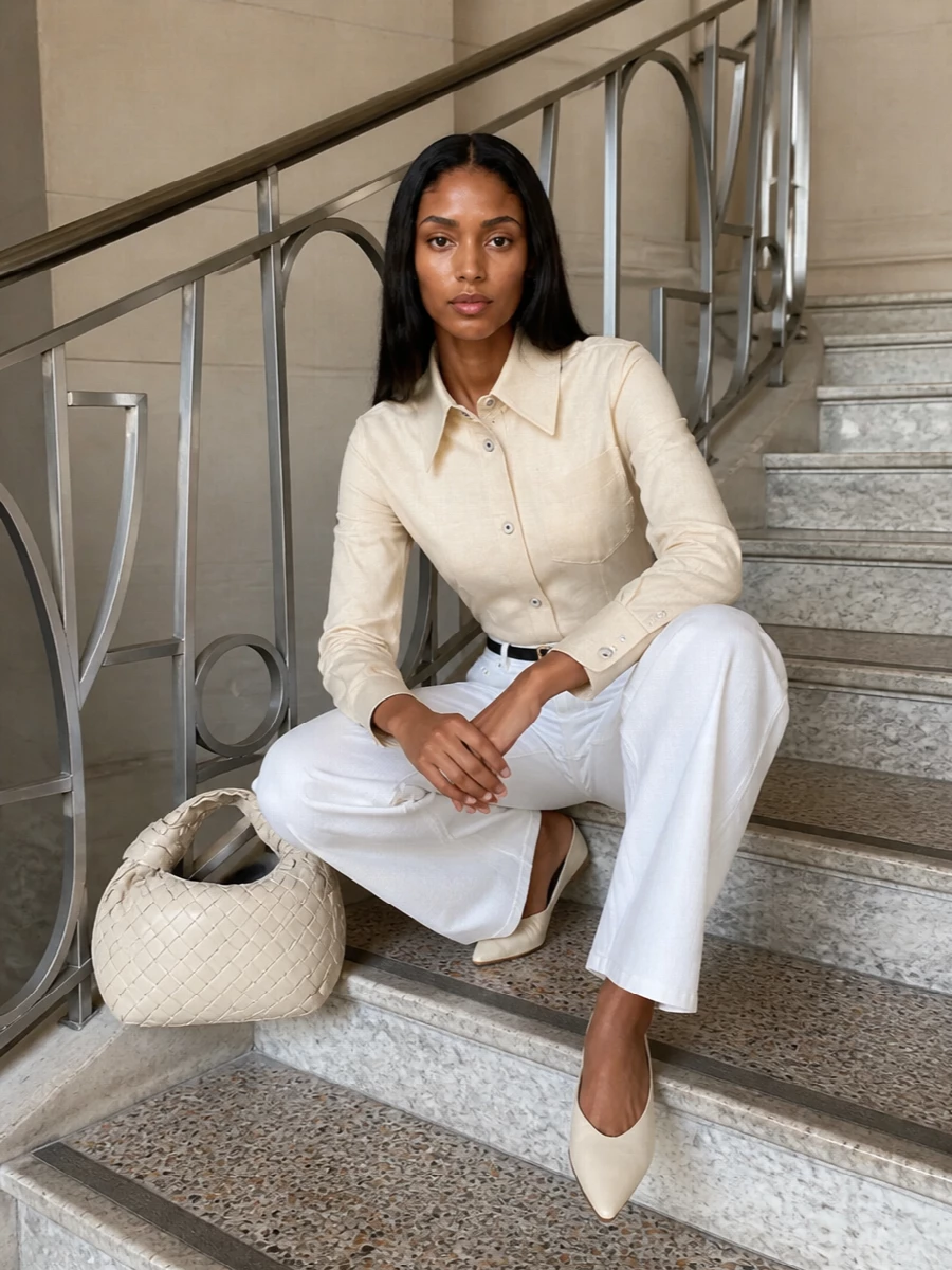 Bottega veneta white wide leg trousers outfit