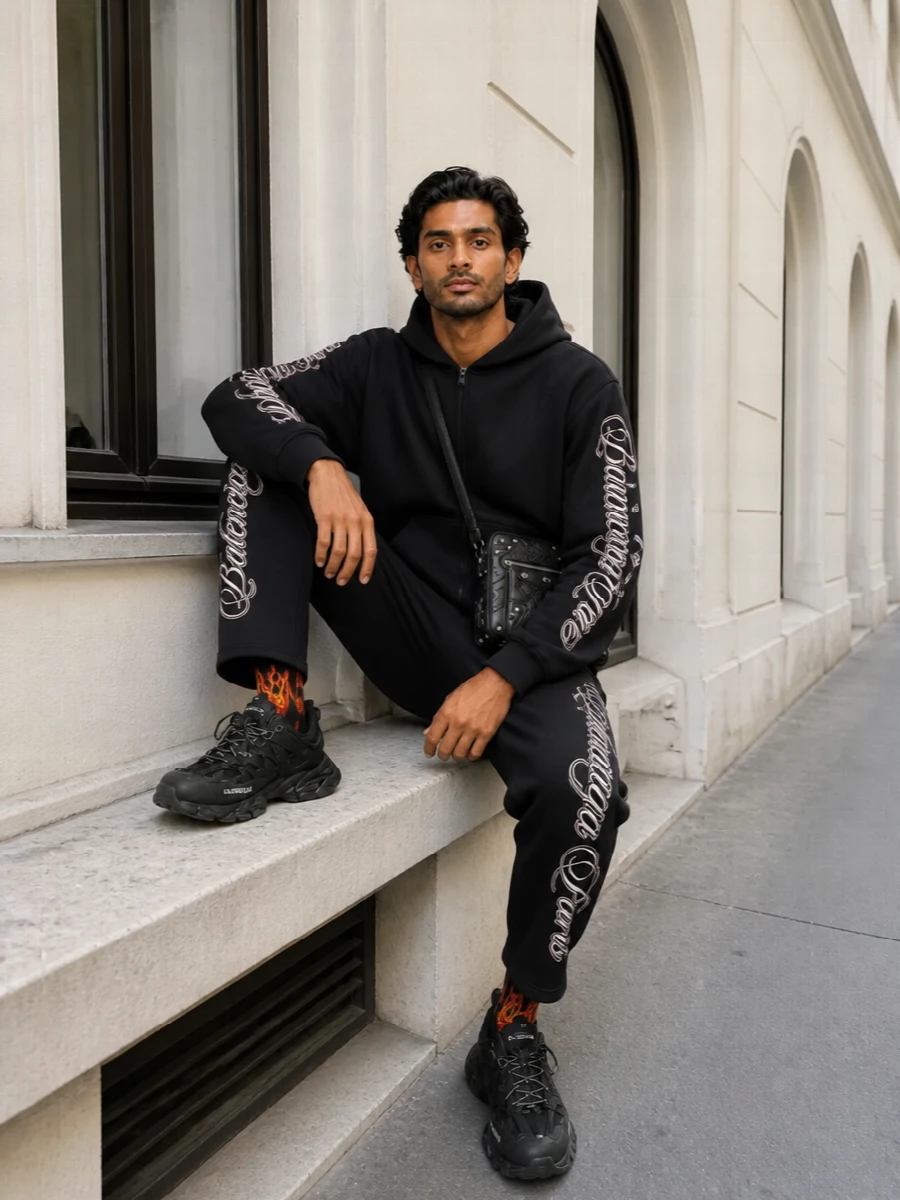 Balenciaga black hoodie track pant streetwear outfit