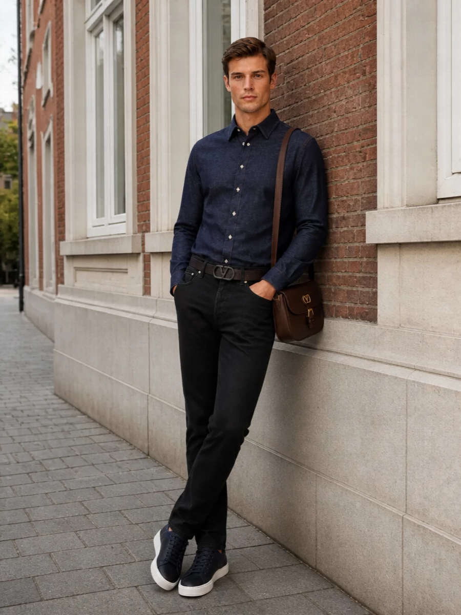 Ferragamo denim shirt black trousers outfit