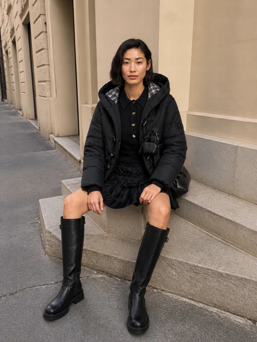 Ganni puffer black mini dress knee boots outfit