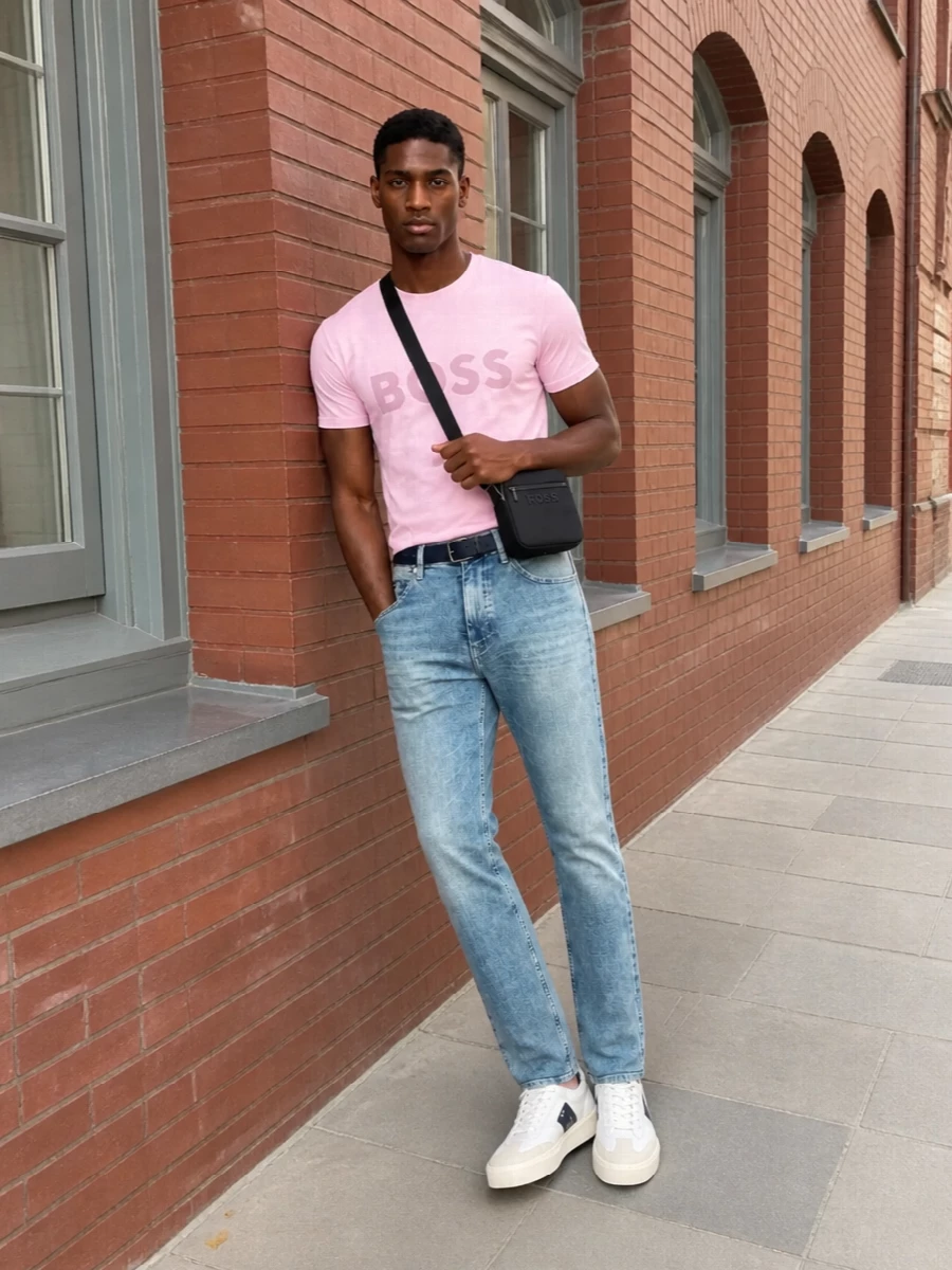 Boss pink tshirt light wash jeans sneakers