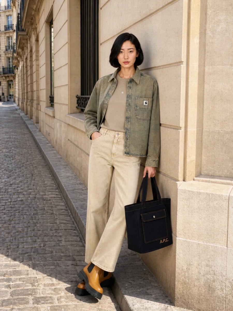 I’m building this around the jacket as a true overshirt, so I skipped the dresses and leaned into a tonal workwear set that feels calm and grounded. Sand and light beige underneath keep the silhouette long and relaxed, then the caramel Chelsea boots and dark denim tote add just enough weight and contrast to keep it urban rather than rustic. It is the kind of streetwear uniform that looks considered but still reads like you barely tried.