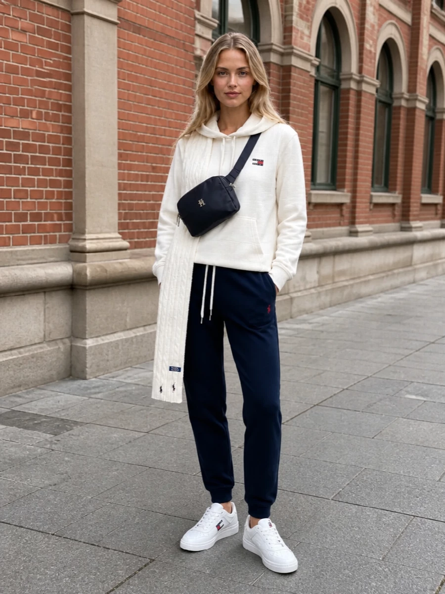 Tommy hoodie navy joggers white sneakers