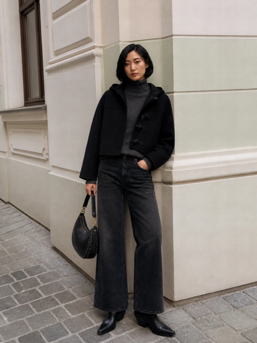 Isabel marant cropped duffle wide leg jeans outfit