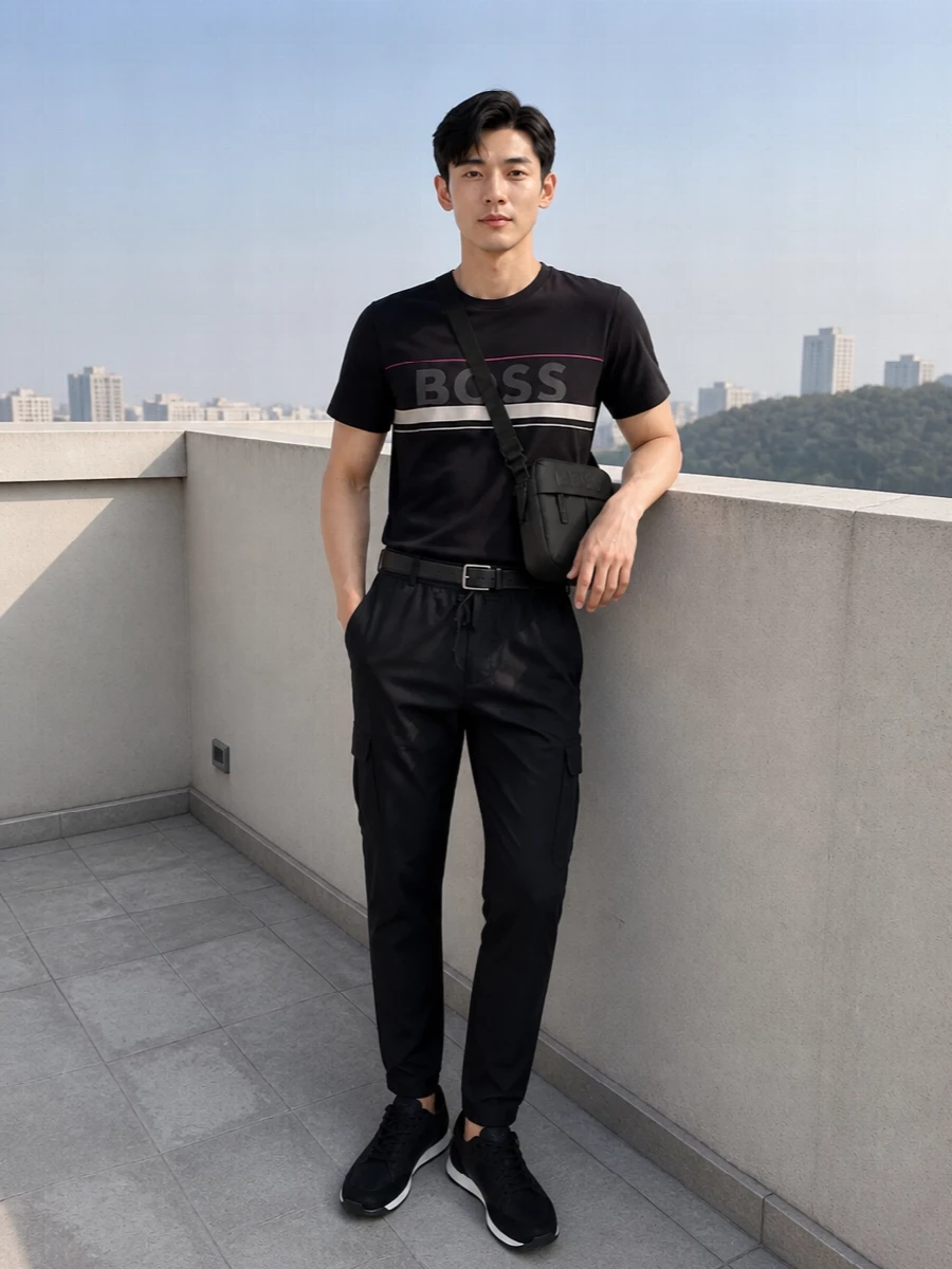 Boss graphic tee black cargo track pants outfit