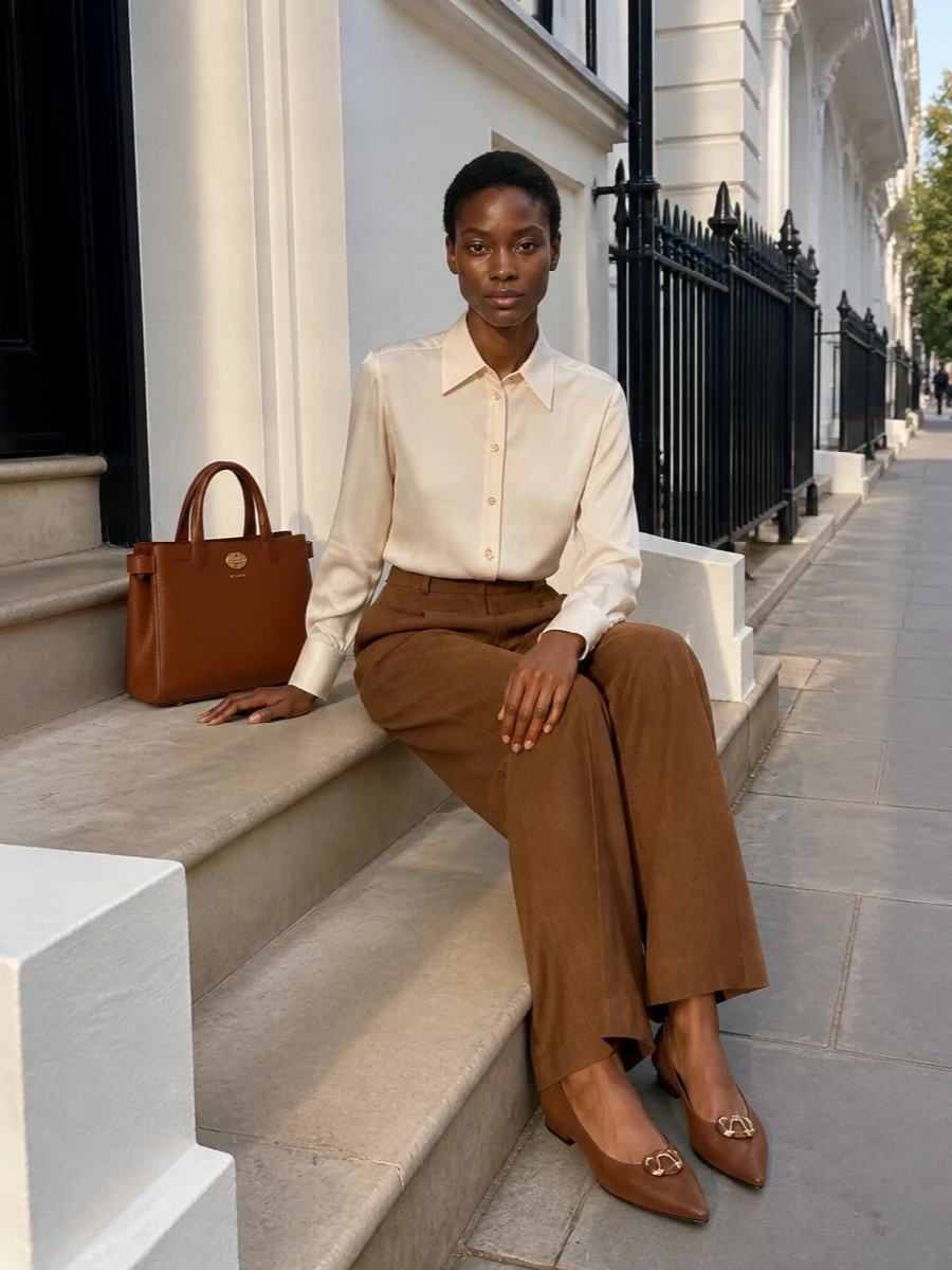 I chose the tailored TOP + BOTTOM path to echo the bag’s city-ready structure and build a coherent, quietly polished work-to-dinner ensemble. The fluid cream shirt and high-waisted camel wide-leg trouser create a long, architectural line that feels considered yet relaxed around the body. Cognac pointed flats tie back to the bag’s leather and hardware, completing a warm neutral story that reads modern, tailored and understatedly luxurious.