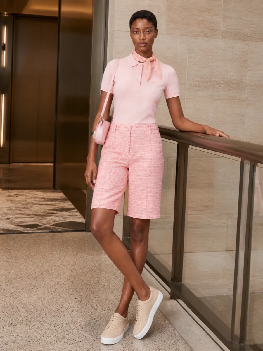 Burberry blush polo pink tweed bermuda outfit
