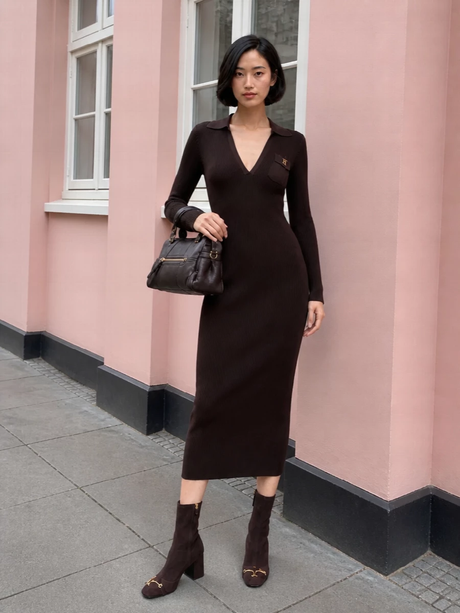 I’ve anchored this with the ribbed chocolate midi dress so the bag’s soft structure and hardware can read as the subtle, utilitarian accent against a long, tailored knit column. The Gucci ankle boots keep the line clean and practical, their suede texture and gold detail reinforcing the warm brown story without feeling fussy. This path works better than separates here because it leans into a single, uninterrupted silhouette that highlights the bag’s shape and makes the whole outfit an easy office‑to‑dinner solution in colder weather.