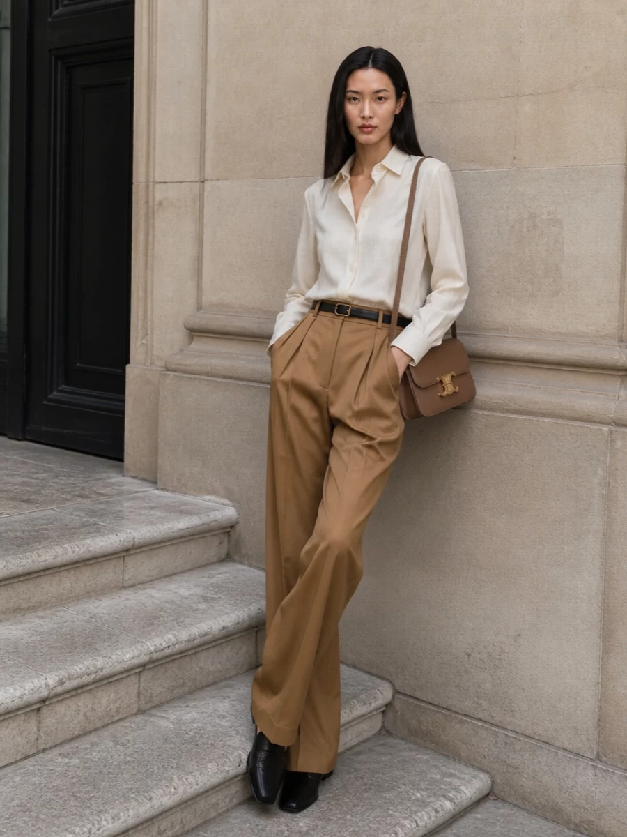The row shirt camel wide leg trousers