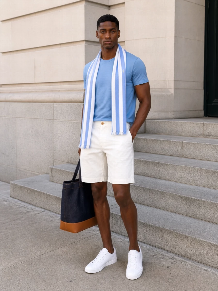 Sky blue and soft ivory keep this Polo Ralph Lauren combo feeling fresh and clean for warm days in the city or by the coast. The tailored short lifts it just above pure loungewear, while the bright white sneakers and indigo tote give a crisp, easy finish that still reads quietly preppy. A striped scarf in matching blues adds a light graphic touch without disturbing the simplicity.