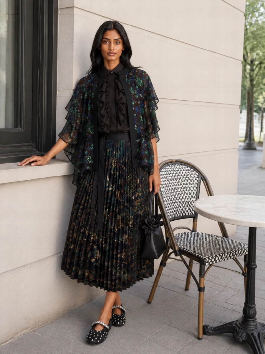 Sacai floral jacket pleated midi outfit