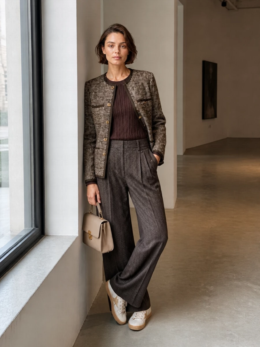 Golden goose tweed jacket wide leg trousers outfit