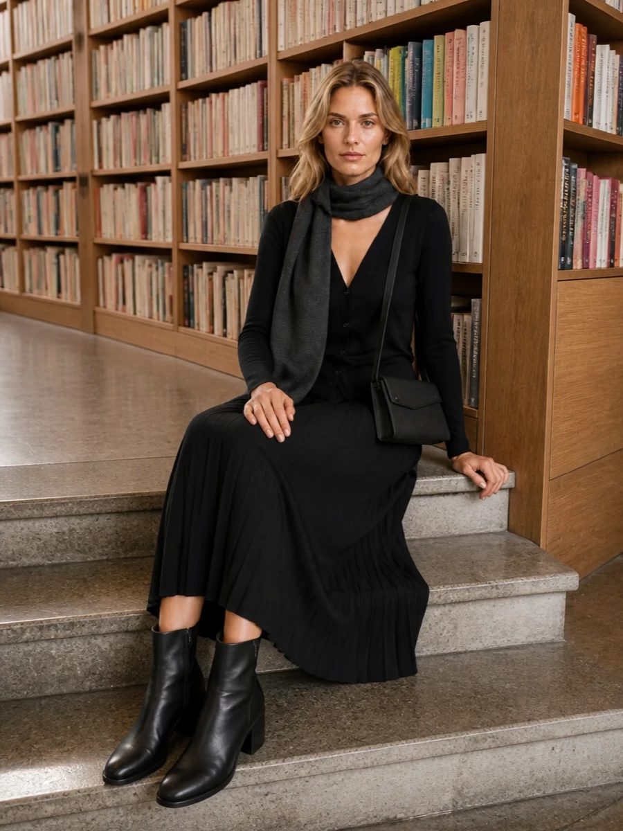 Lisa yang black cardigan pleated midi outfit