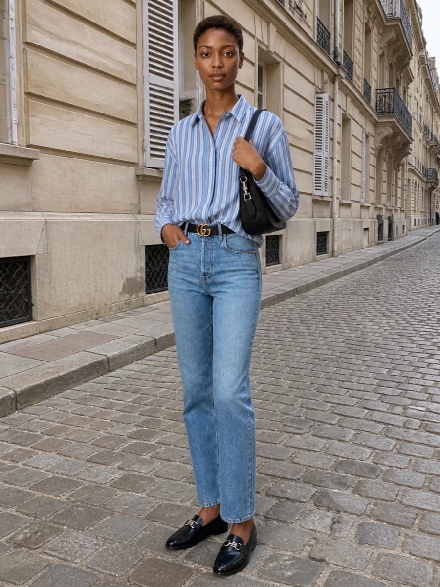 Softly faded Gucci denim meets a relaxed powder blue striped shirt for an easy, borrowed-from-the-boys feel. Black loafers, a sculpted black shoulder bag and a slim GG belt sharpen the ease just enough, keeping everything quiet, polished and city-ready. The palette stays cool and minimal, so the focus is on cut, proportion and subtle heritage details.