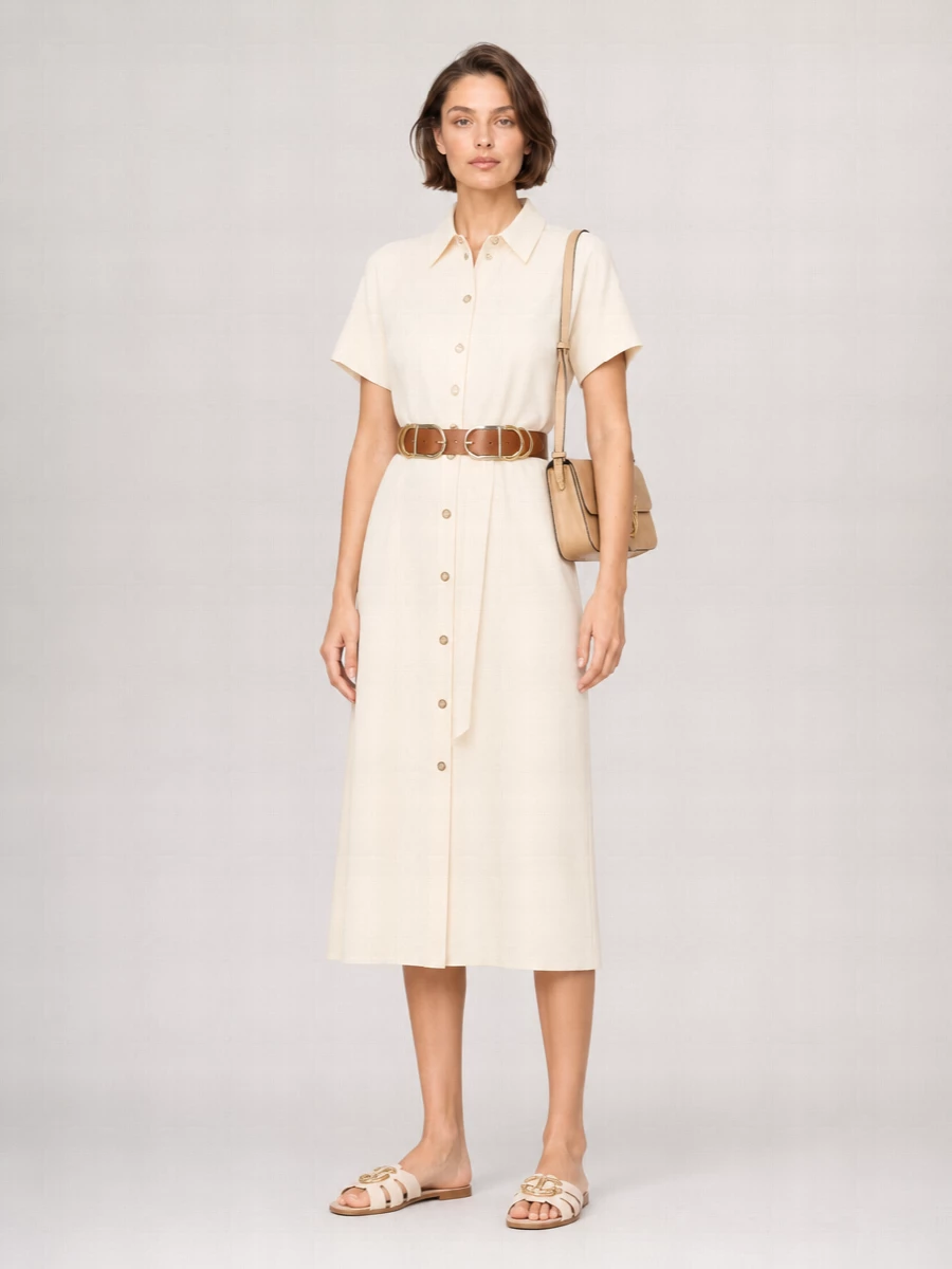Pinko Cotton Short Sleeve Belted Midi Shirt Dress
