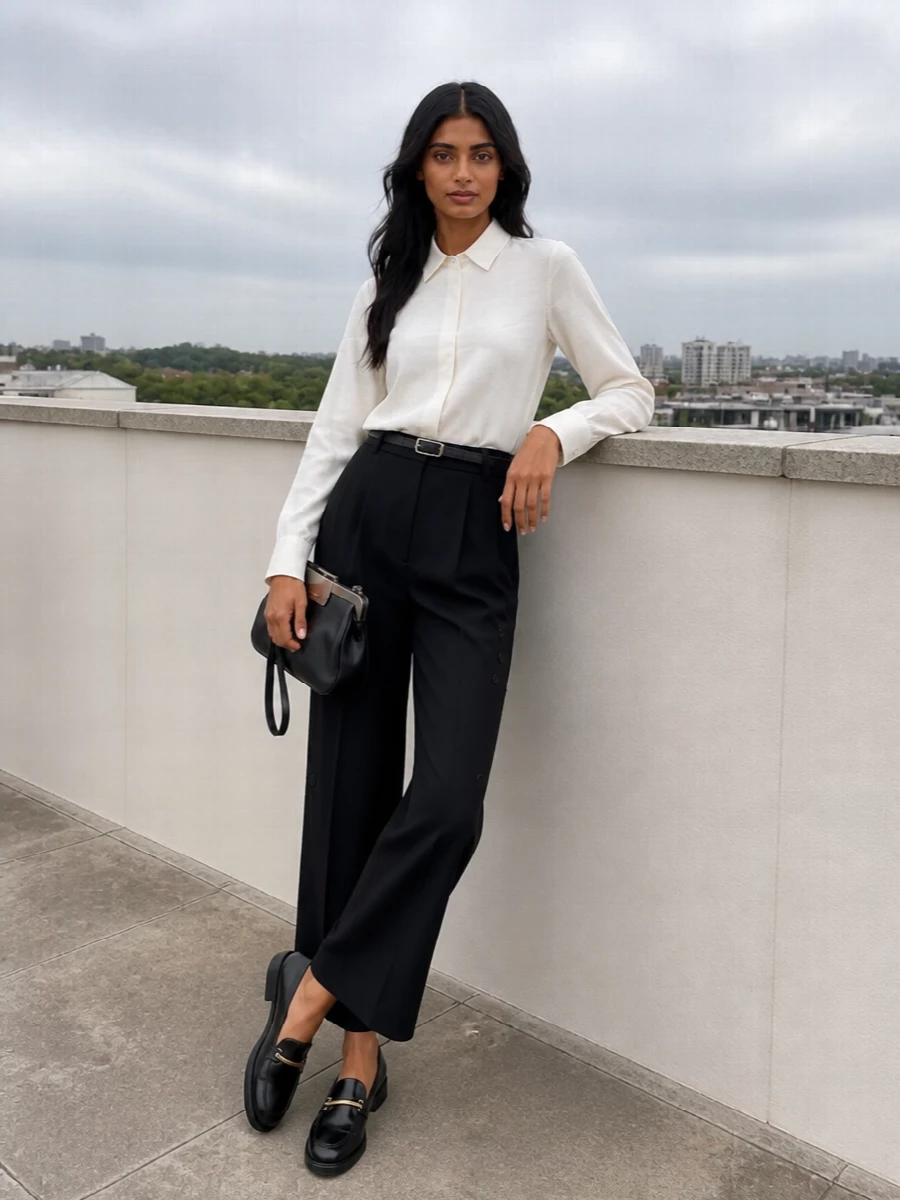 A crisp ivory shirt tucked into the architectural black wide-leg trouser creates a clear, high-contrast column that feels intelligent and composed. The low-heeled black loafer and framed mini bag keep the mood polished but unforced, letting the cut and proportion do the work. Quiet details like the slim belt and tonal buttons reward a closer look without disturbing the calm tailoring story.