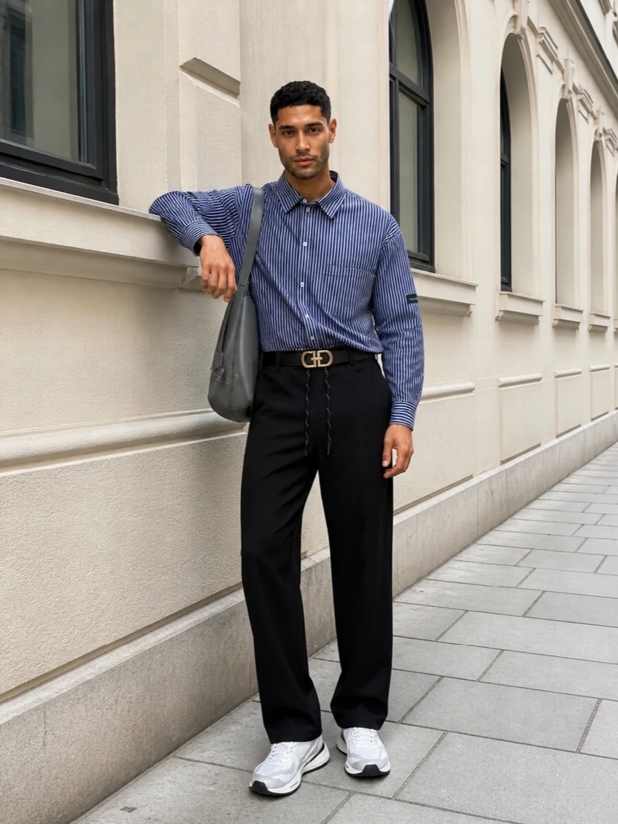 Balenciaga’s striped shirt sits over crisp black drawstring trousers, balancing office precision with a relaxed, street-led attitude. White technical runners and a sculptural steel-grey shoulder bag keep the palette cool and graphic, with the gold-logo belt adding a single, focused hit of hardware at the waist. It is an easy uniform for city days when you want tailoring that still feels like fashion.