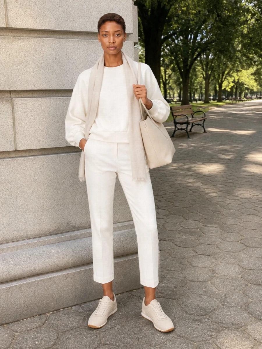 Soft ivory layers lean into a quiet monochrome story, with the sculpted sweatshirt eased over cropped tailored trousers for a relaxed yet considered silhouette. Cream sneakers keep the energy calm and low-key, while the structured tote and gauzy stole add just enough polish for city brunch, travel or an unhurried working day.