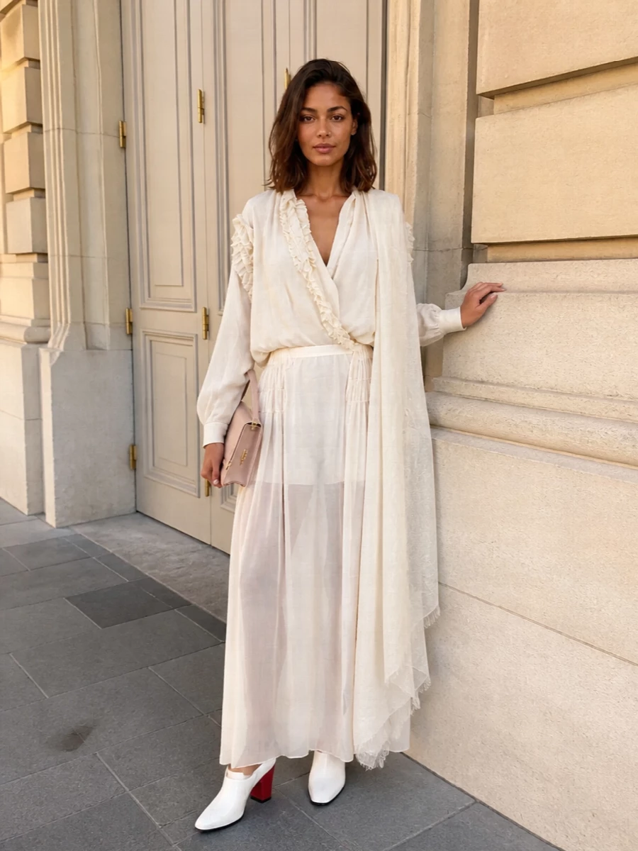 Dries van noten sheer ivory maxi skirt outfit