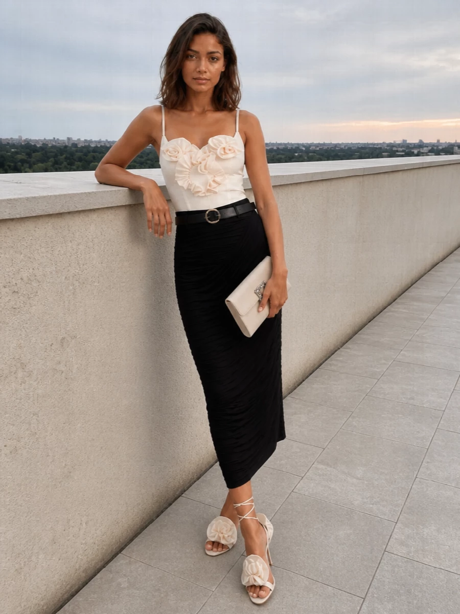 Magda butrym ivory bustier black ruched midi outfit