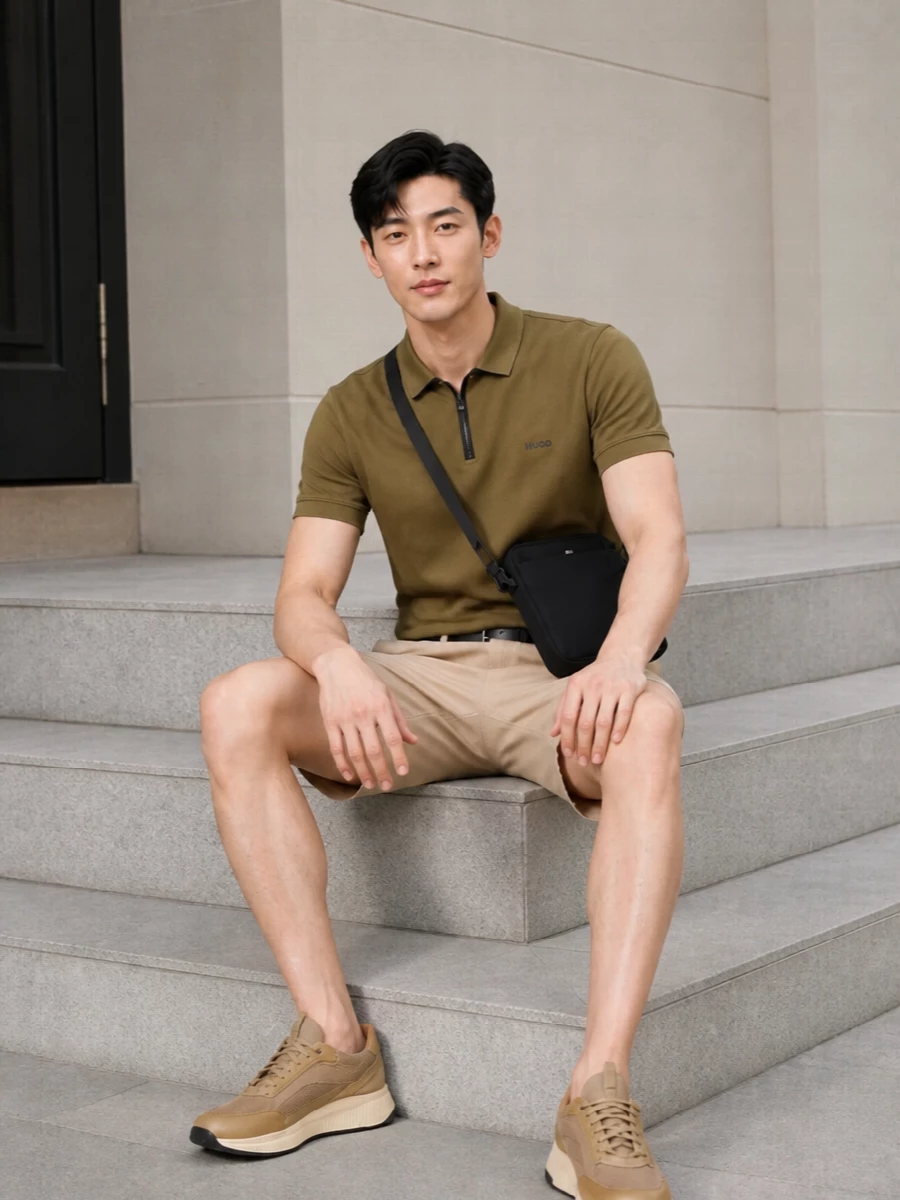 Boss olive polo sand shorts tan sneakers