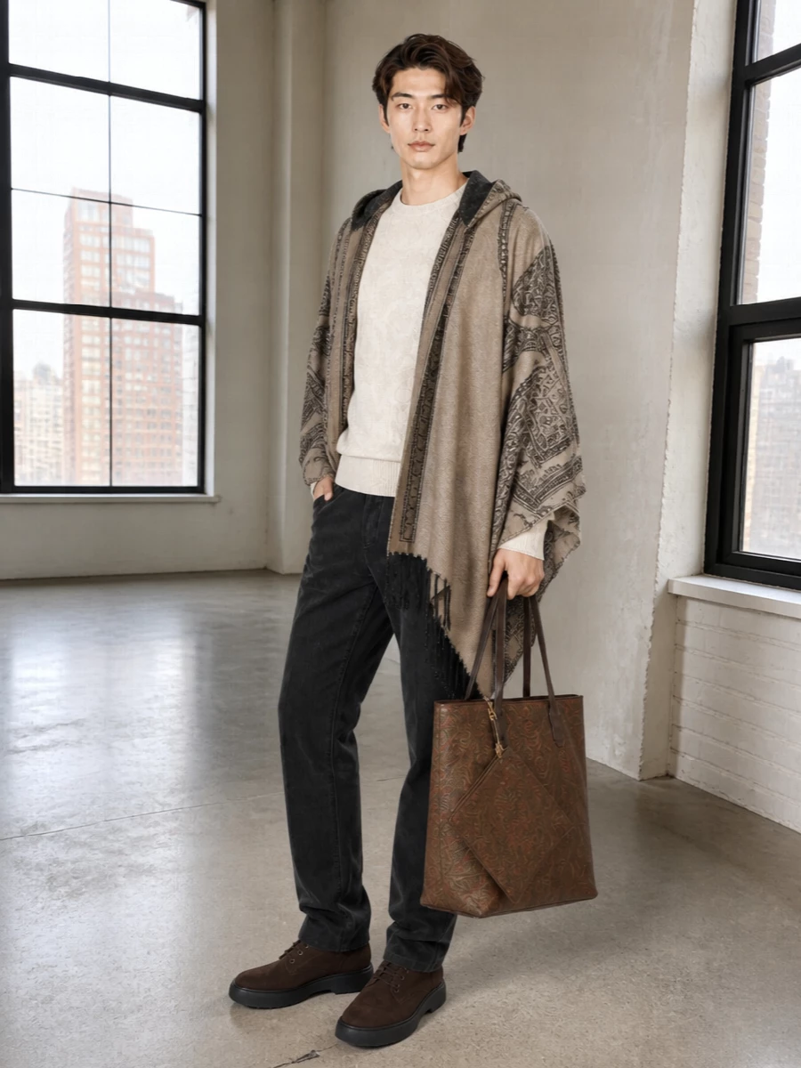 Etro paisley poncho corduroy trousers outfit