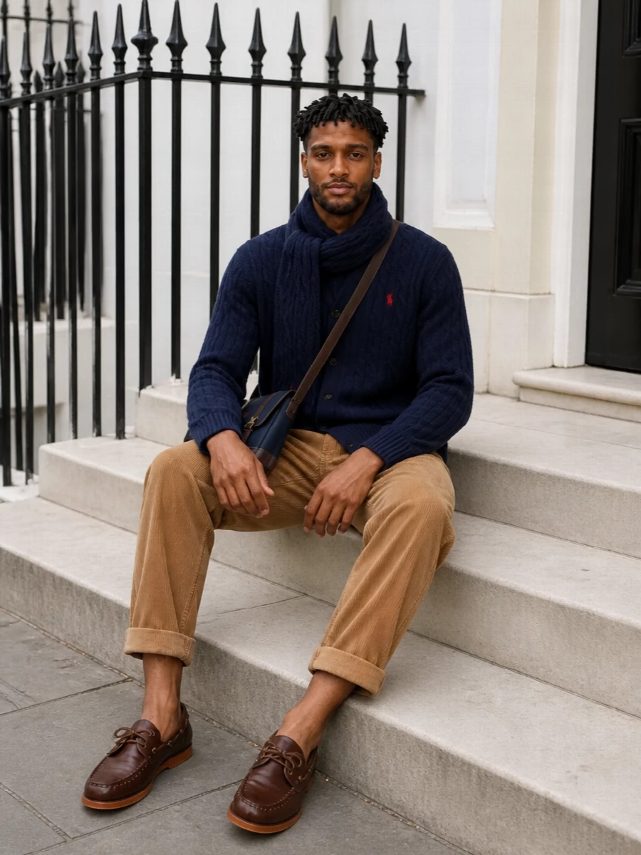 Polo’s navy cable cardigan pairs with camel corduroy pleats for a classic campus-ready mix of depth and warmth. Chestnut leather loafers and a navy messenger keep the mood polished but relaxed, while the matching cable-knit scarf subtly ties the textures and red logo accents together. The result is an easy autumn city uniform that feels considered without trying too hard.