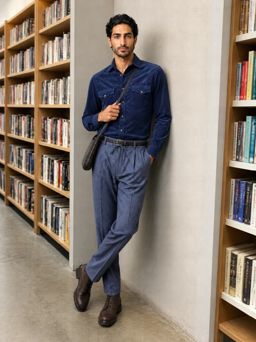 Brunello cucinelli navy western shirt drawstring trouser