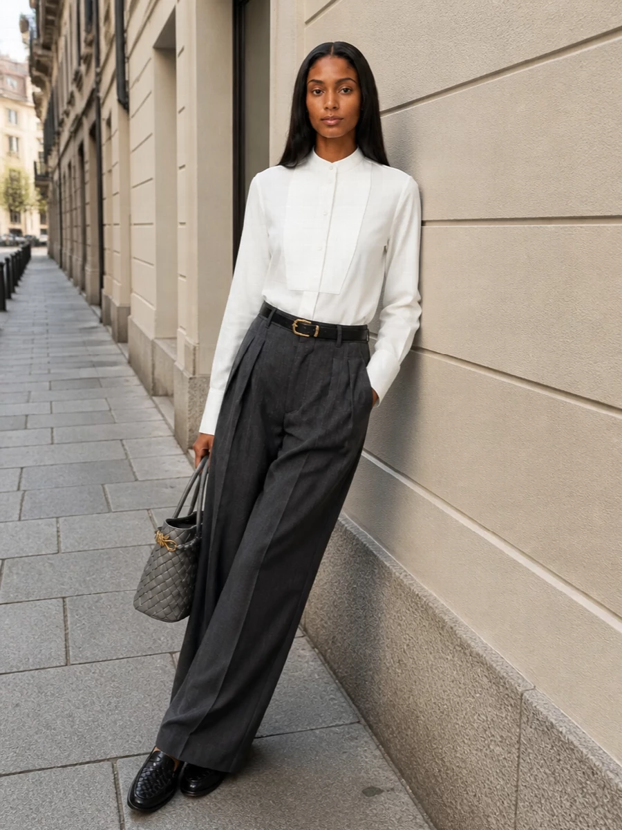 Bottega veneta tuxedo shirt grey wide leg trousers