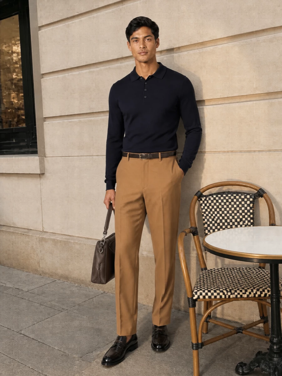 Fendi navy polo camel trousers loafers