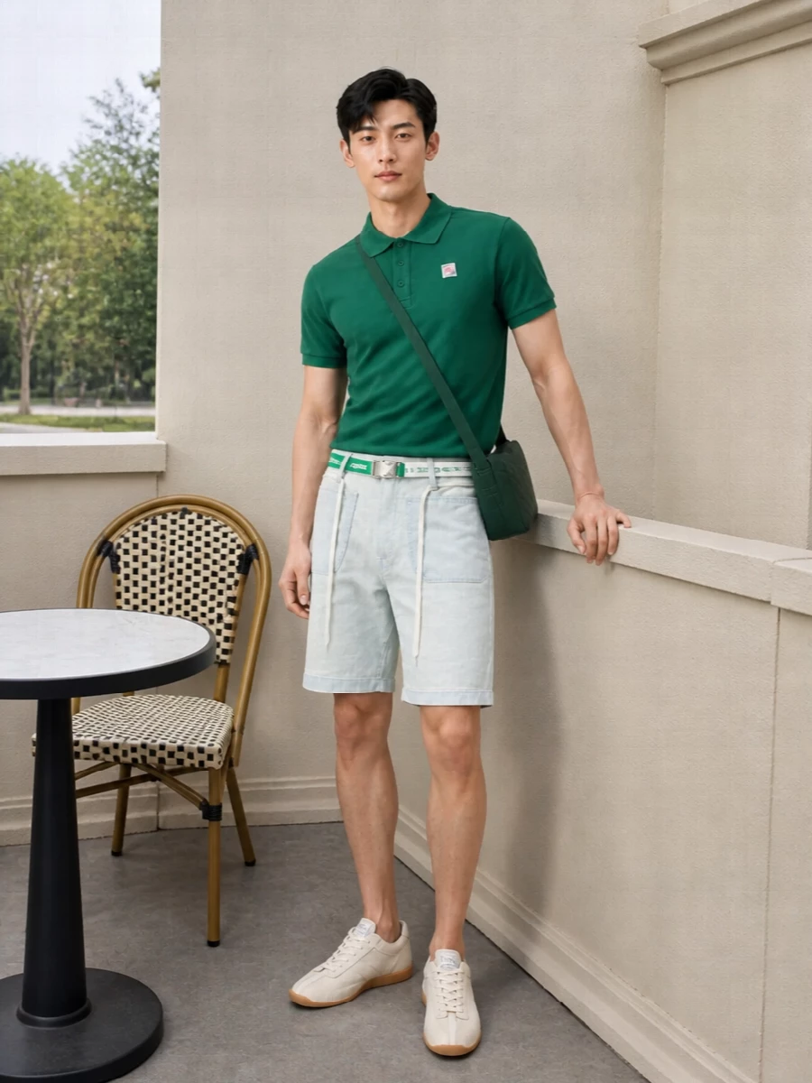 Kenzo green polo pale blue shorts sneakers
