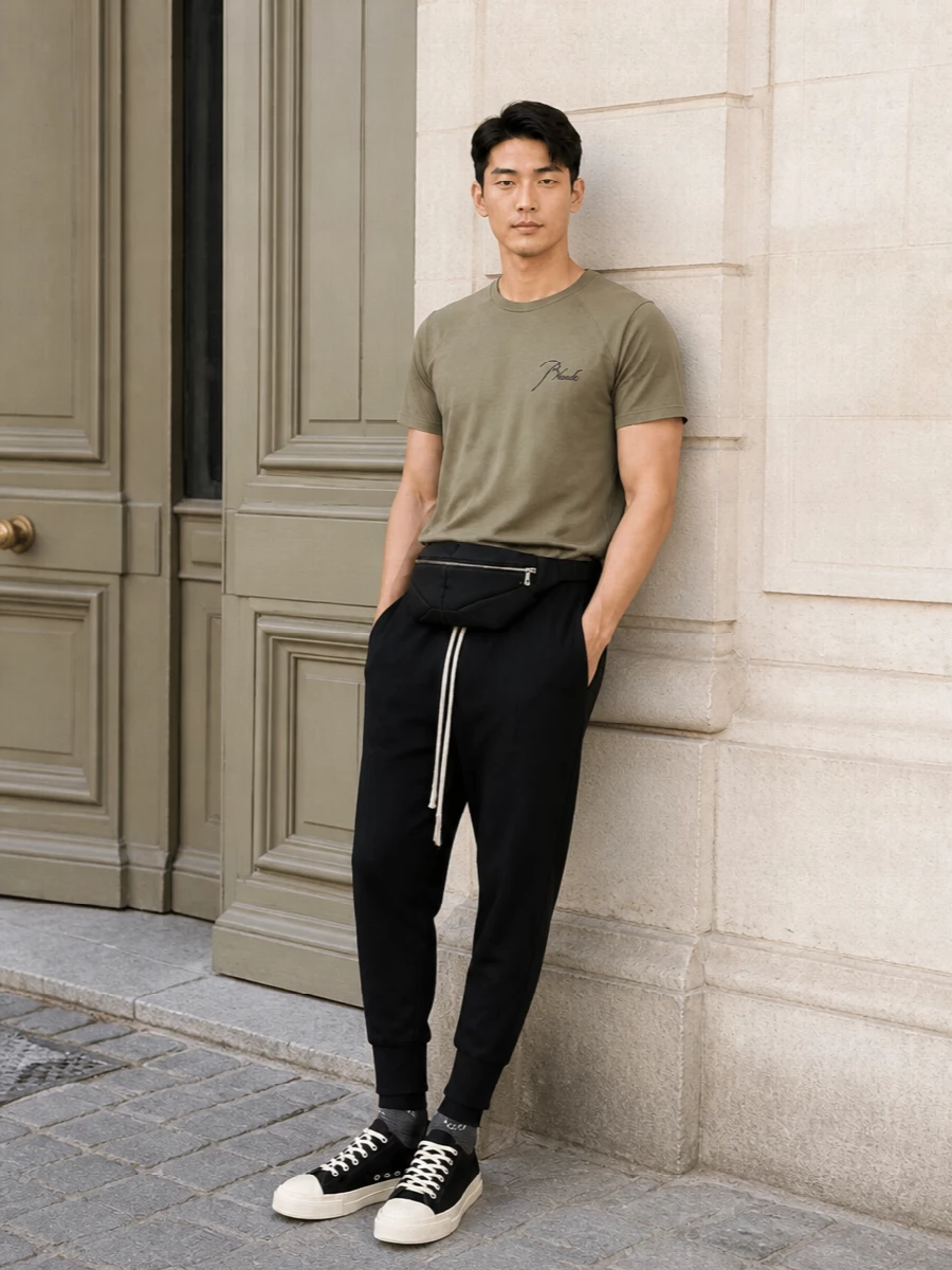 Rhude khaki tee rick owens black drop crotch pants