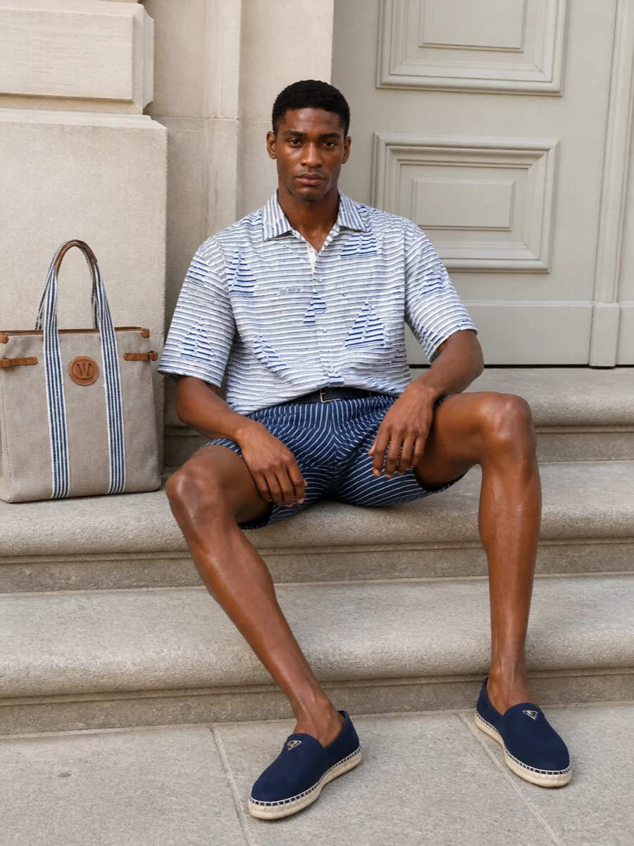 Comme striped shorts jacquemus shirt espadrilles