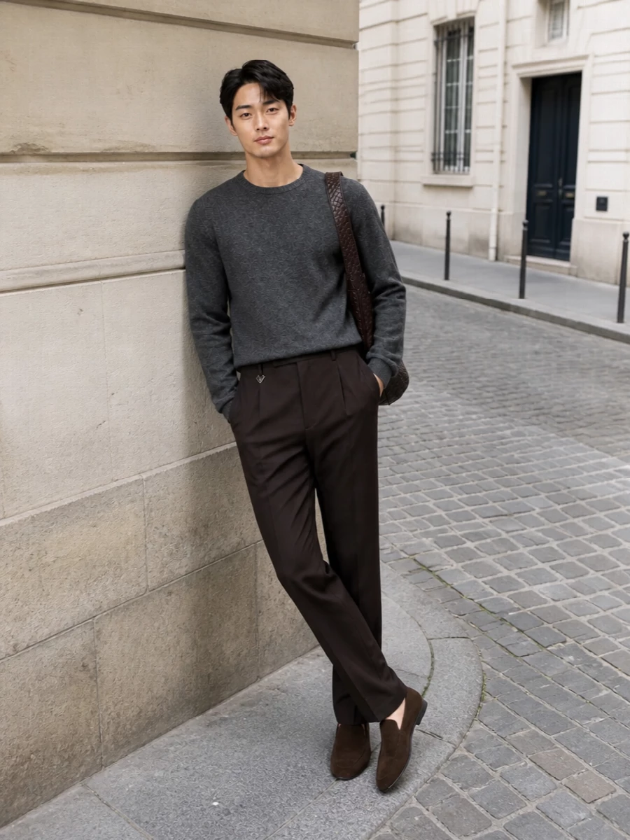 Minimalist menswear suede loafers wool trousers