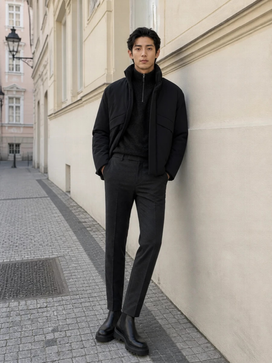 Ferragamo padded jacket charcoal trousers outfit