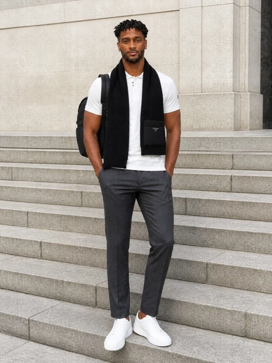 Moncler polo charcoal trousers white sneakers